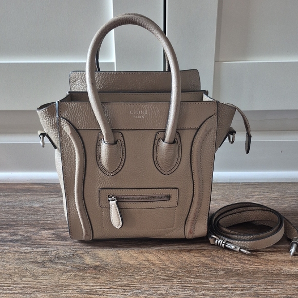 Celine Drummed Calfskin Nano Luggage Dune Taupe Crossbody Purse - Picture 1 of 13